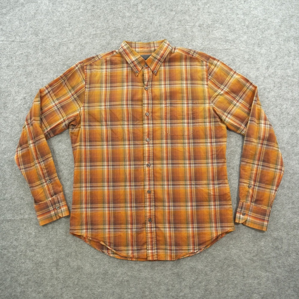Vince Shirt Mens Medium Orange Button Up Long Sleeve Casual Pockets Plaid